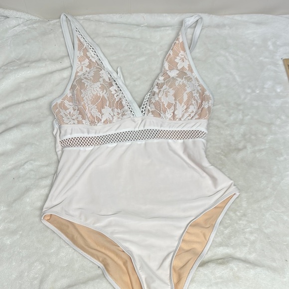 Cream and White One Piece Swimwear with Delicate Lace - Picture 1 of 10